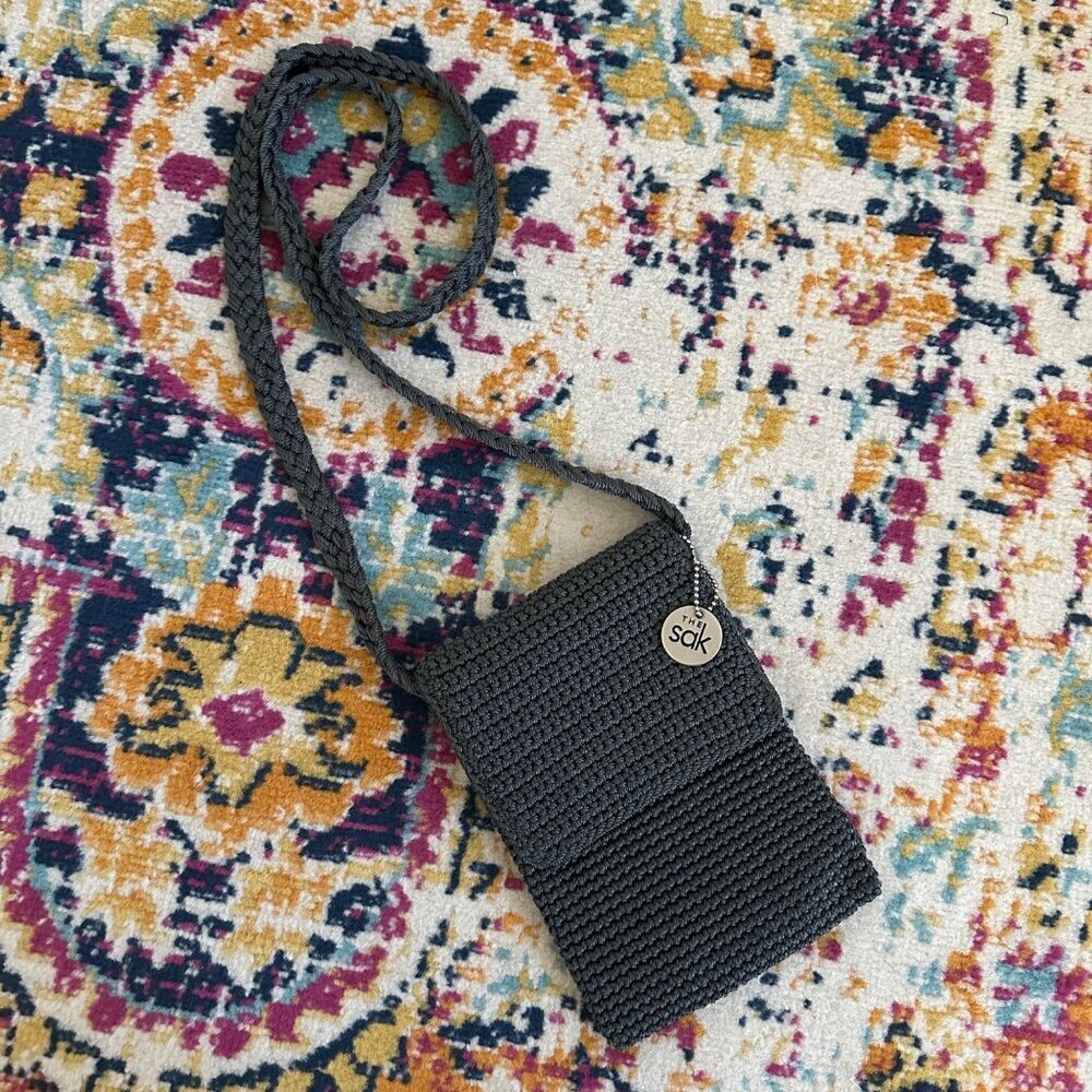 The Sak Crochet Crossbody Bag Boho Beach Vacation Travel Zip Top Flap Cover Gray
